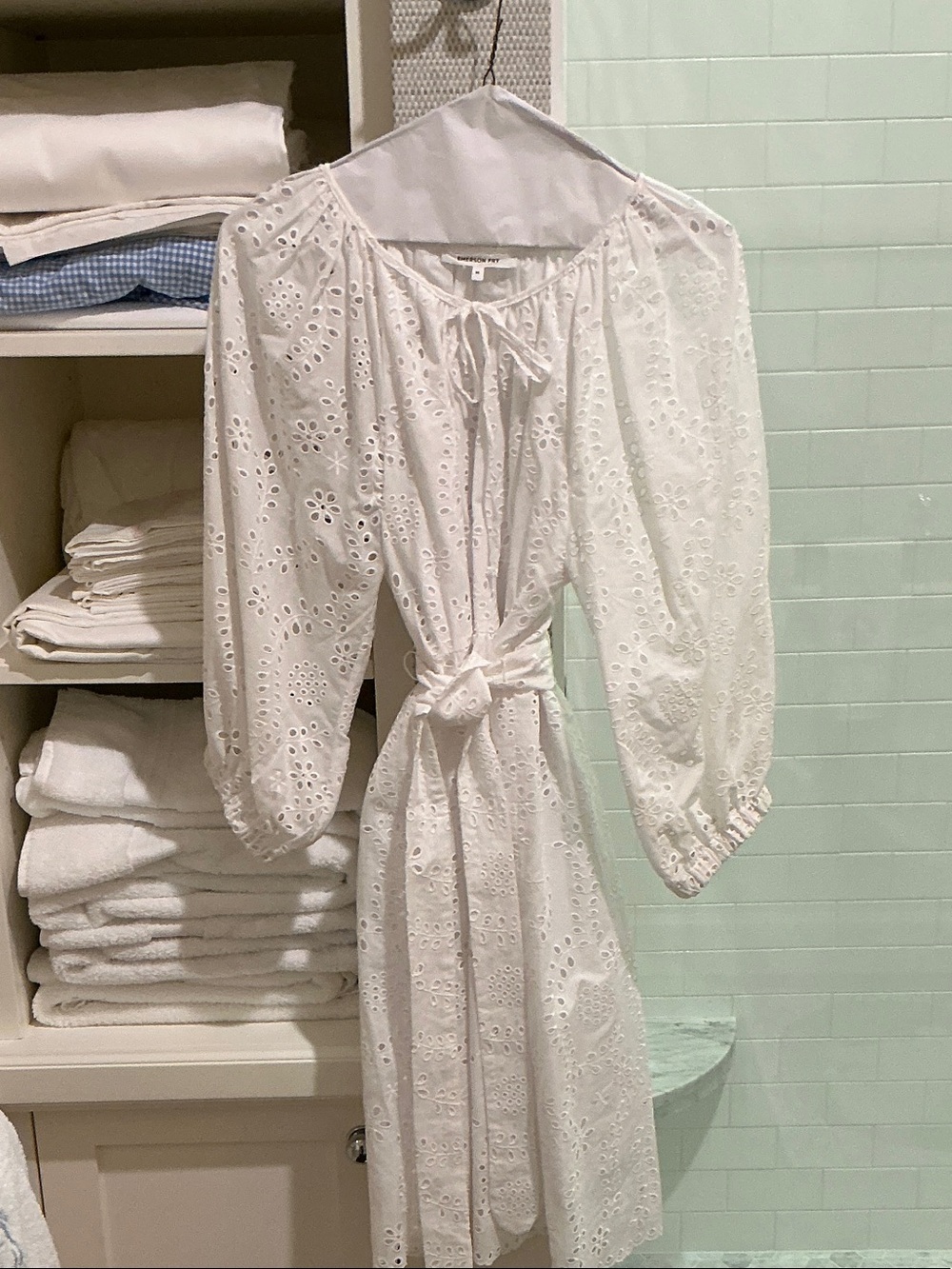 Emerson Fry White Eyelet Midi Dress with Tie Neck